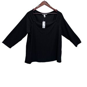 Addition Elle Square Neck Black Ribbed 3/4 Sleeve Size 2x NWT Brand New